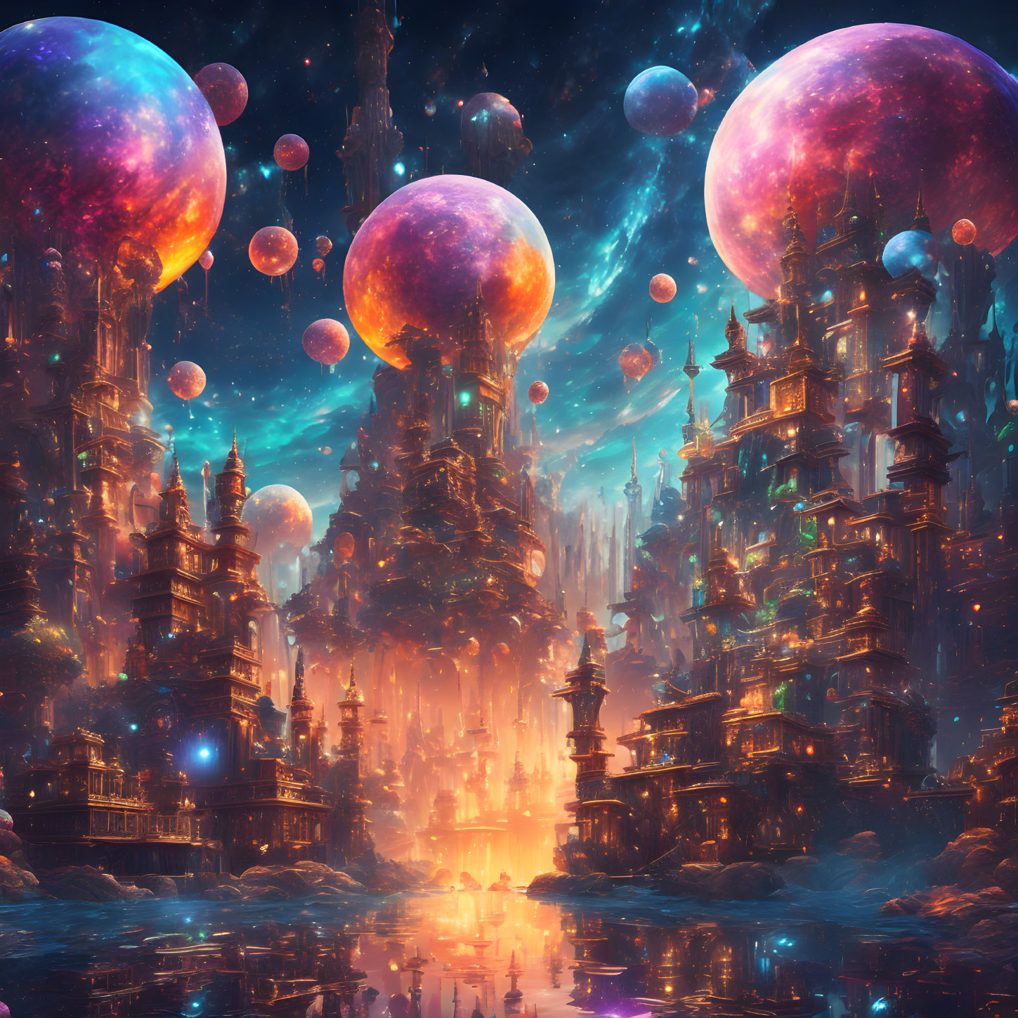 Fantastical cityscape with towering spires and floating planets