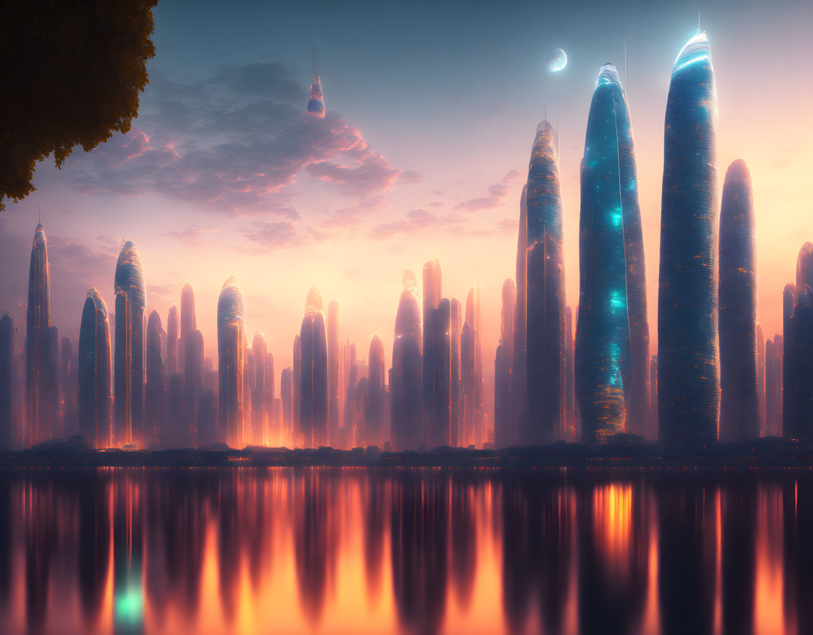 Futuristic skyline with glowing skyscrapers reflected in water at sunset