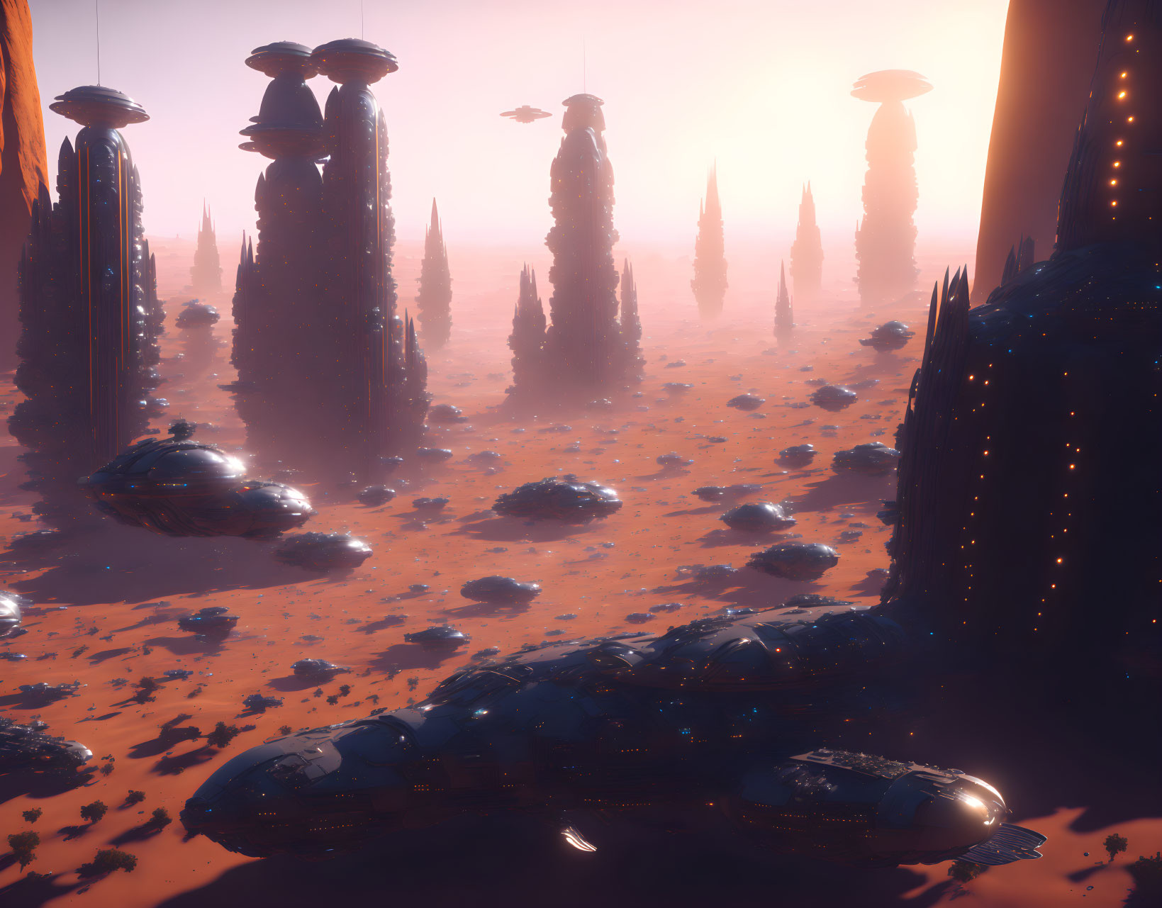 Futuristic desert landscape with alien structures at sunset