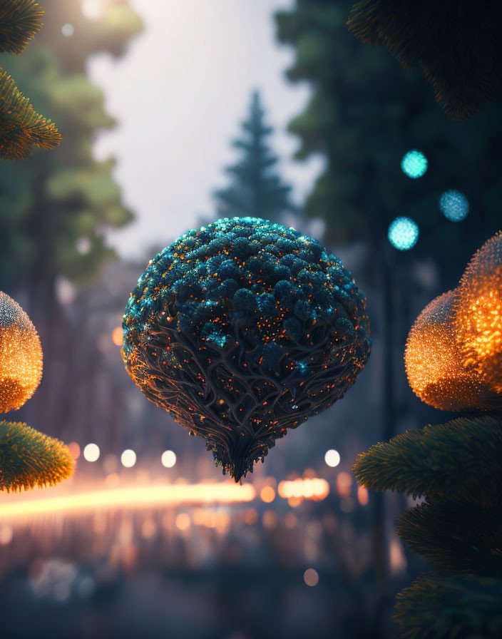 Intricate glowing orb in forest with warm lights