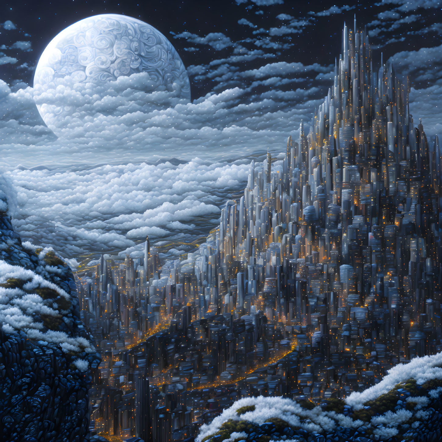 Futuristic city with towering spires under night sky and large moon