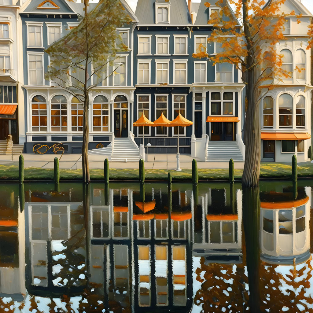 European-style buildings, autumn trees, vintage bicycle, and striped awnings by calm canal