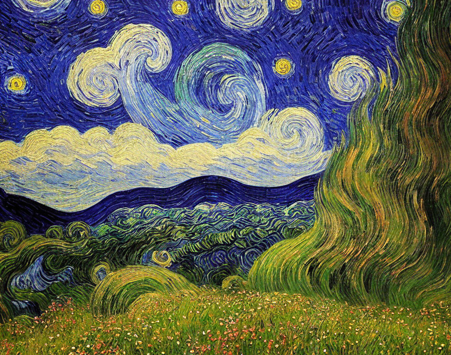 Starry Night Sky with Moon, Stars, Cypress Tree, and Hills