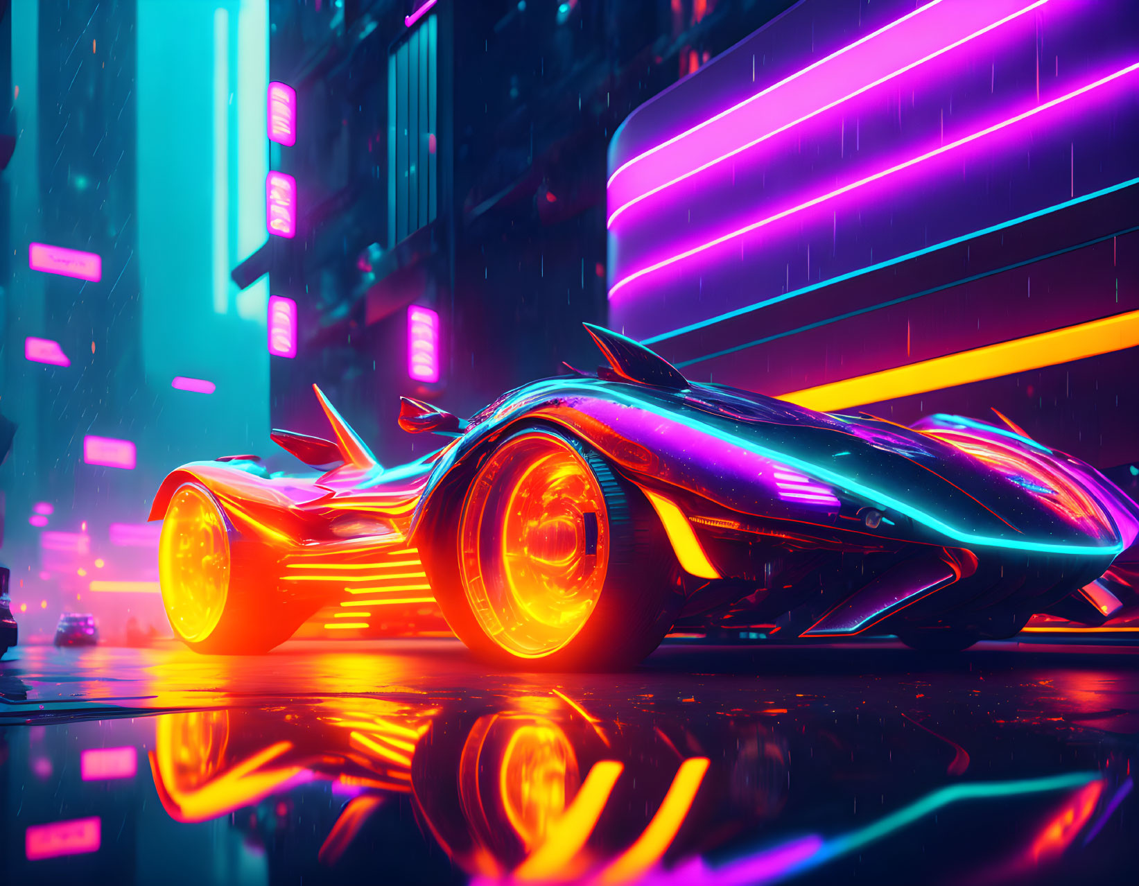 Futuristic neon-highlighted race car speeds in rain-slicked city.