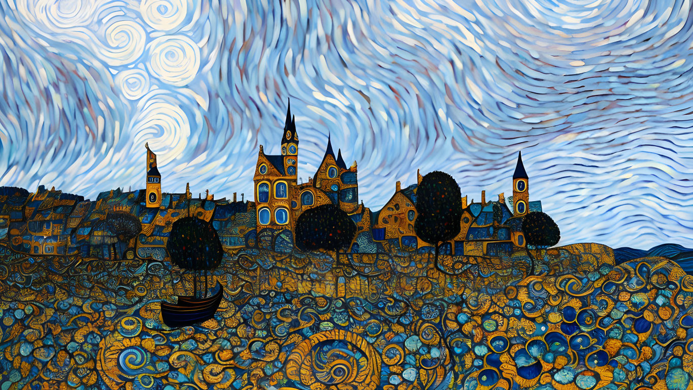 Whimsical townscape with swirling skies and ornate grounds