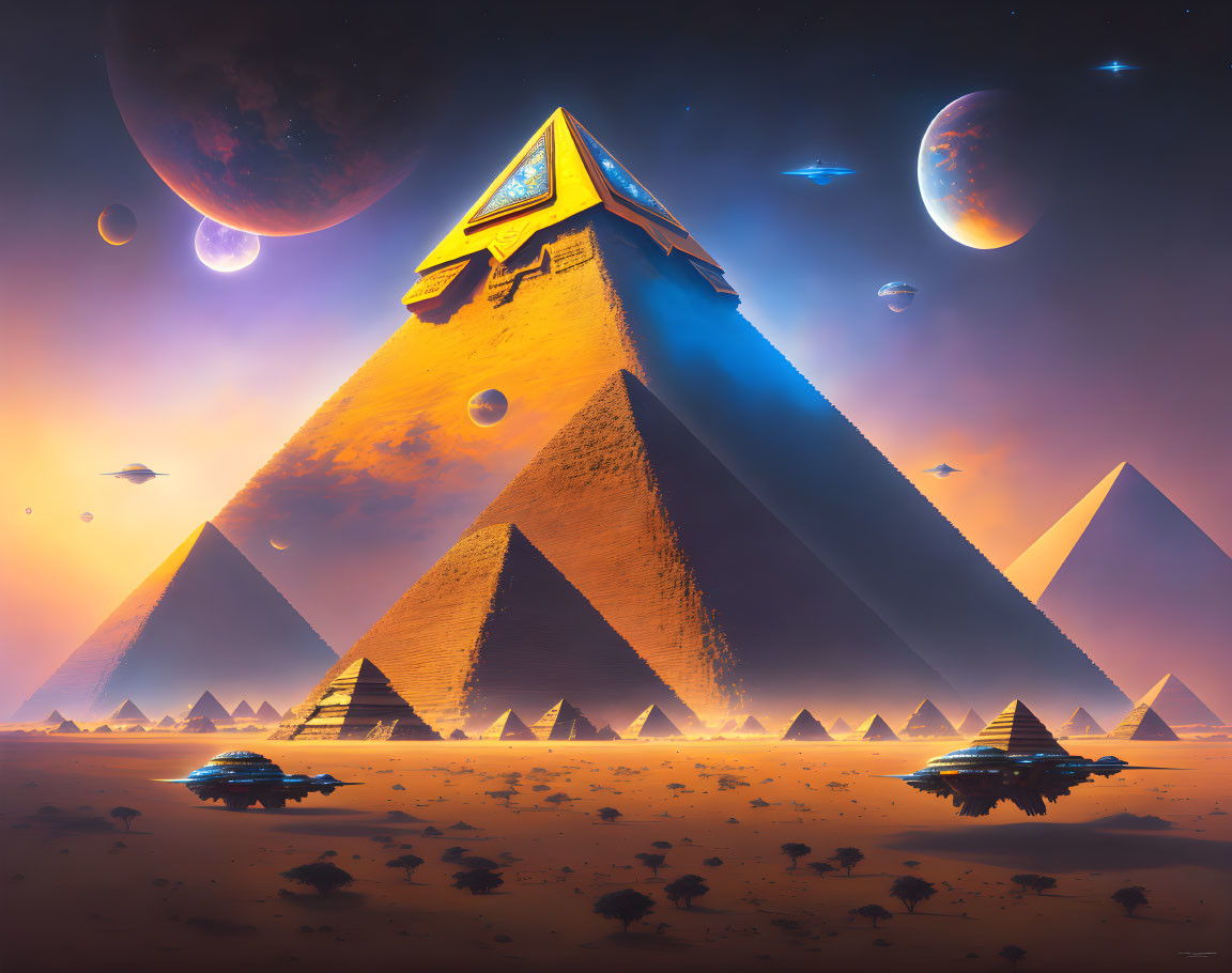 Alien sky with futuristic pyramids, moons, ships, and giant clock