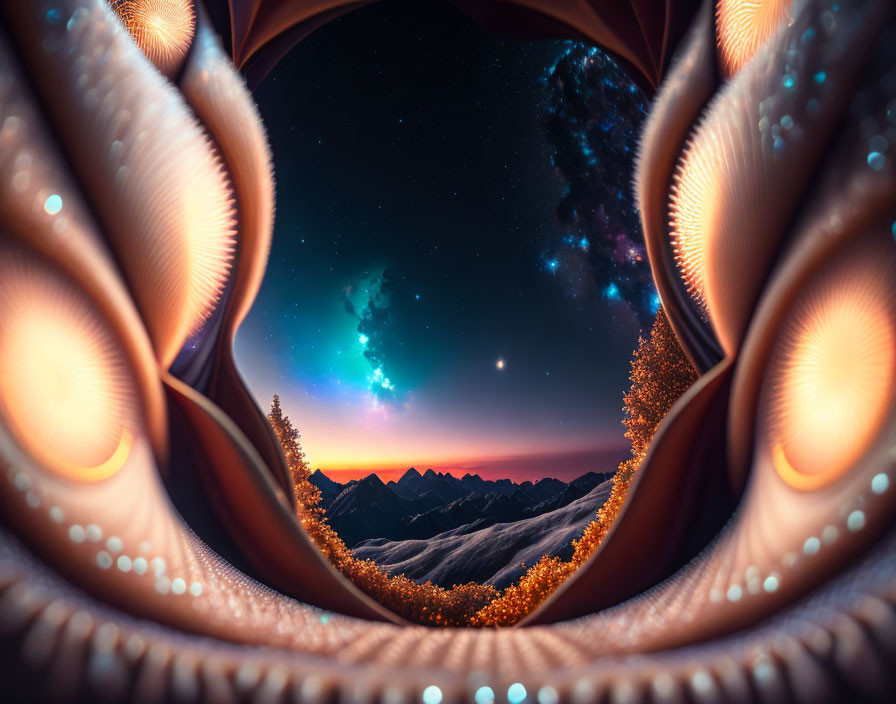 Circular Frame Surreal Landscape: Starry Night Sky, Autumn Forests