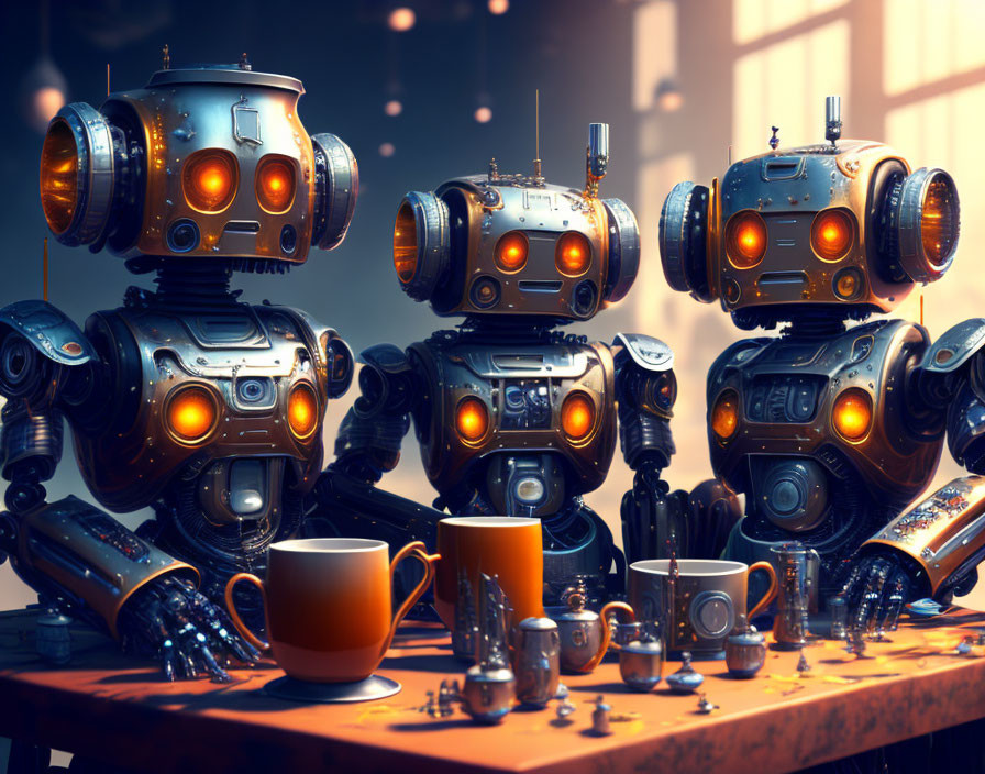 Stylized robots with spherical heads in ambient setting