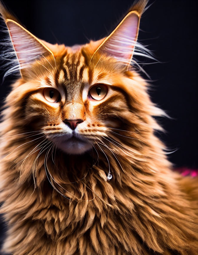 Orange Maine Coon cat with yellow eyes and bell collar on black background