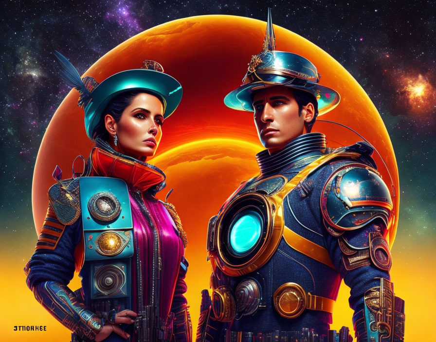 Futuristic soldiers in elaborate armor on orange planet under starry sky