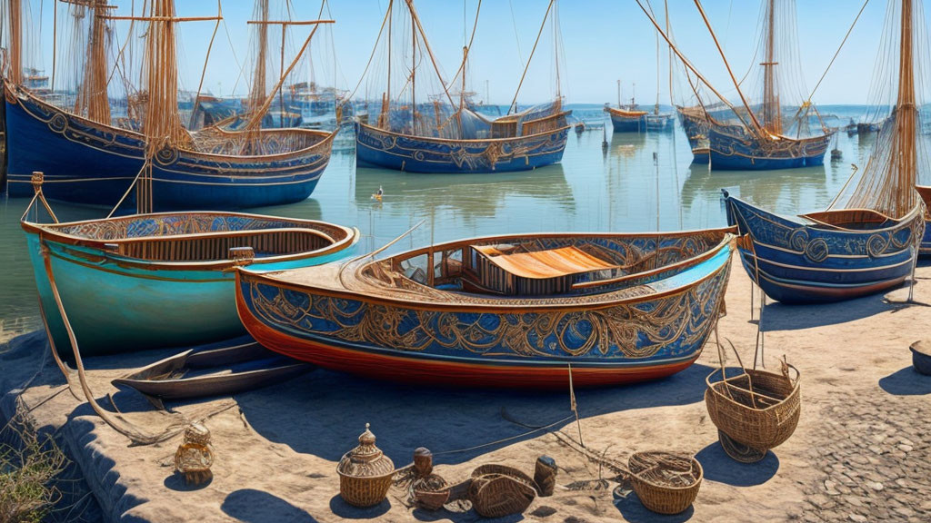 Intricate wooden boats in calm marina under blue skies