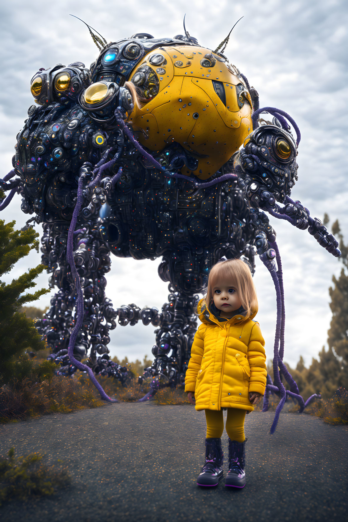 Child in yellow jacket gazes at giant robotic creature with tentacles