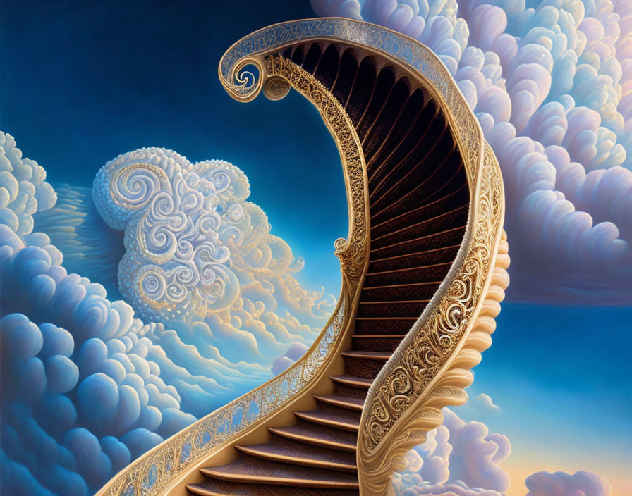 Ornate spiral staircase blending with surreal sky and intricate patterns