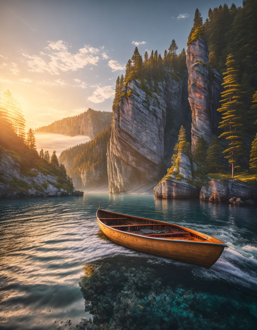 Tranquil lake scene with wooden boat, cliffs, and pine trees at sunset