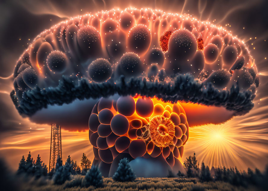 Surreal mushroom-shaped structure at sunrise with intricate patterns