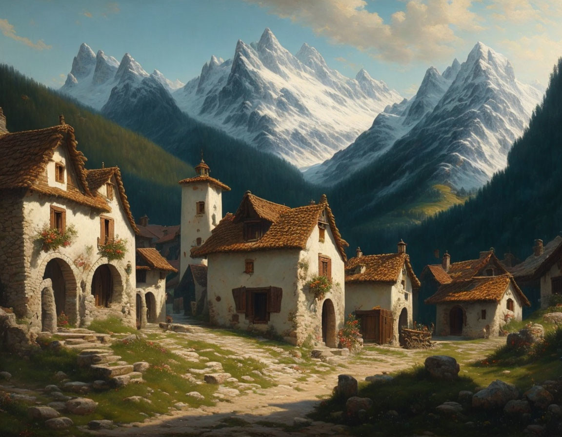 Traditional village with cobblestone paths and stone houses surrounded by snowy mountains