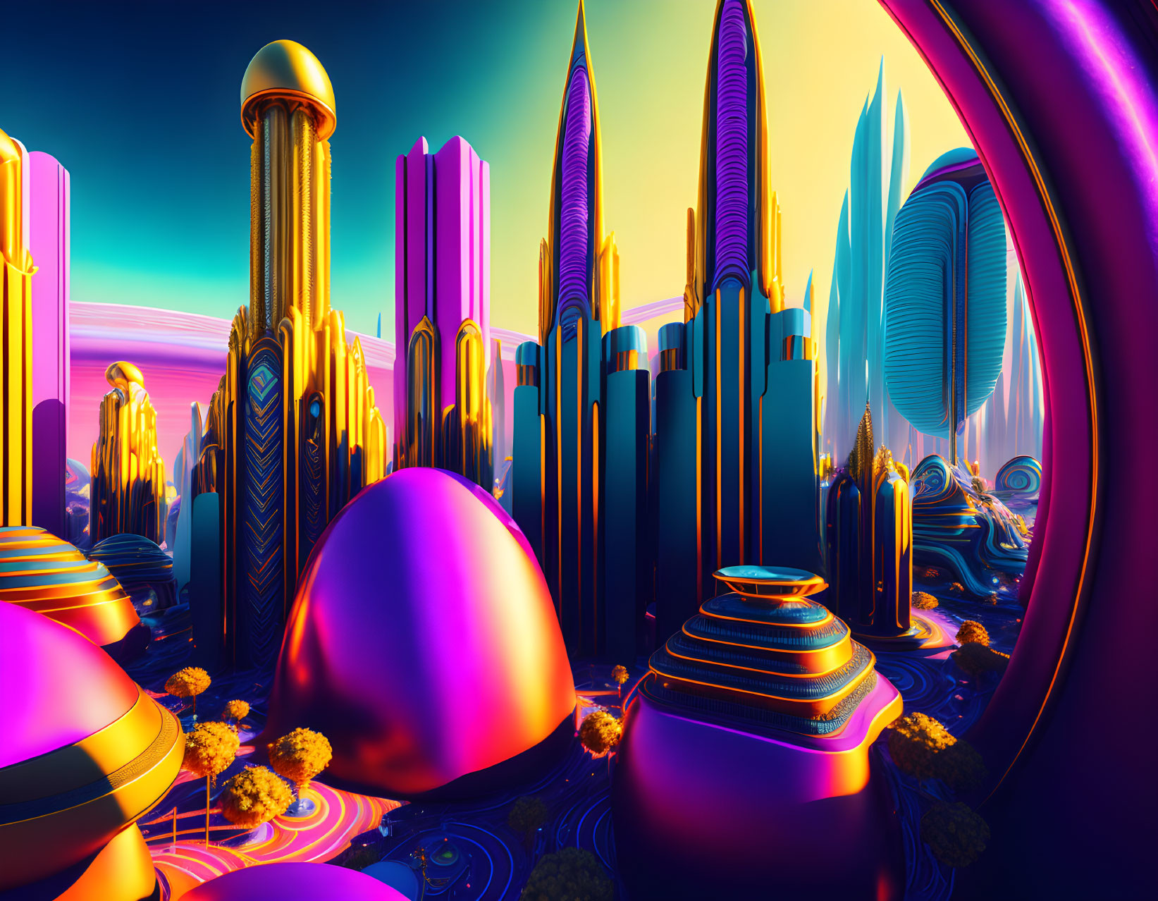 Futuristic cityscape with neon colors and sleek architecture