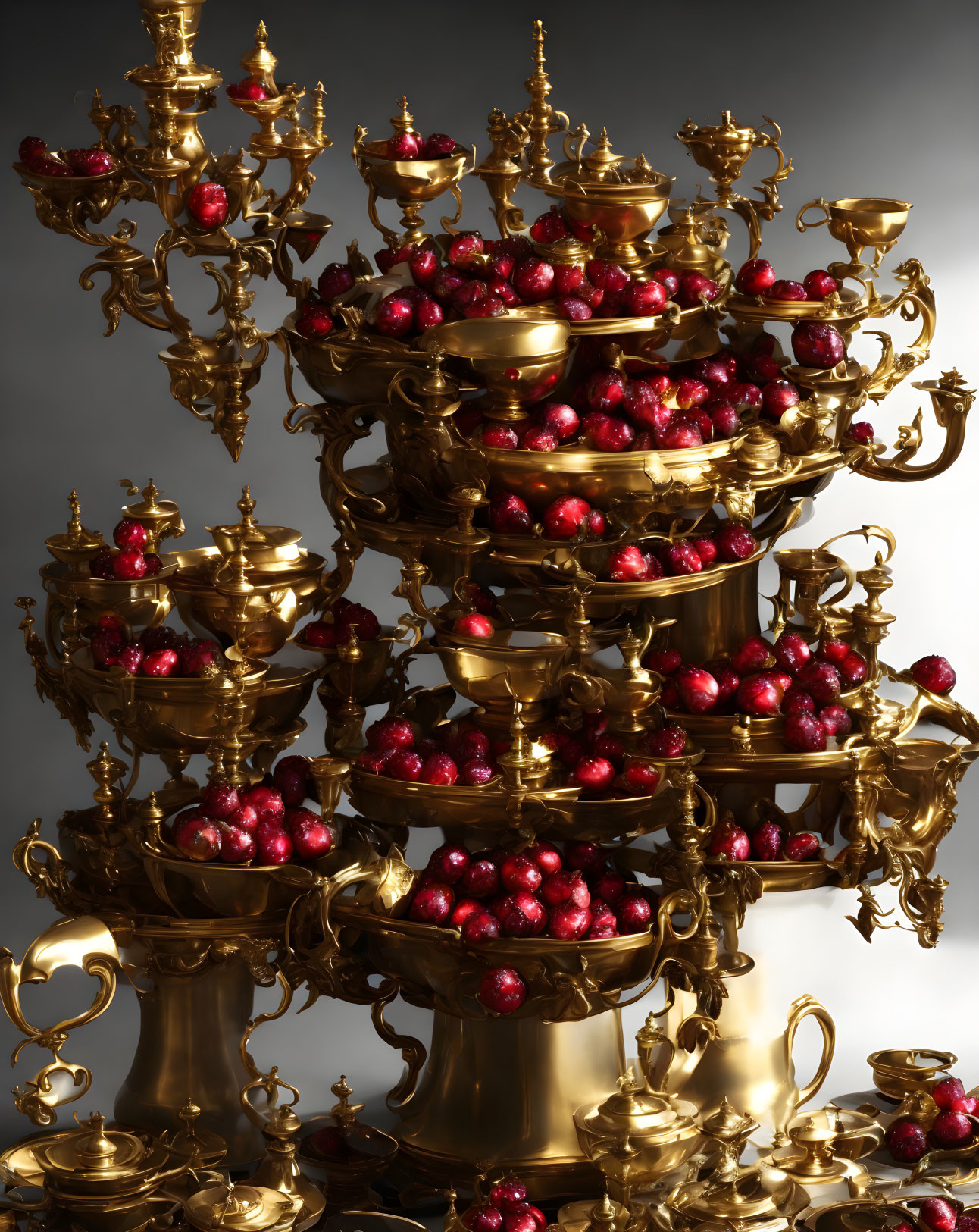 Golden candelabra with red pomegranates on gray background