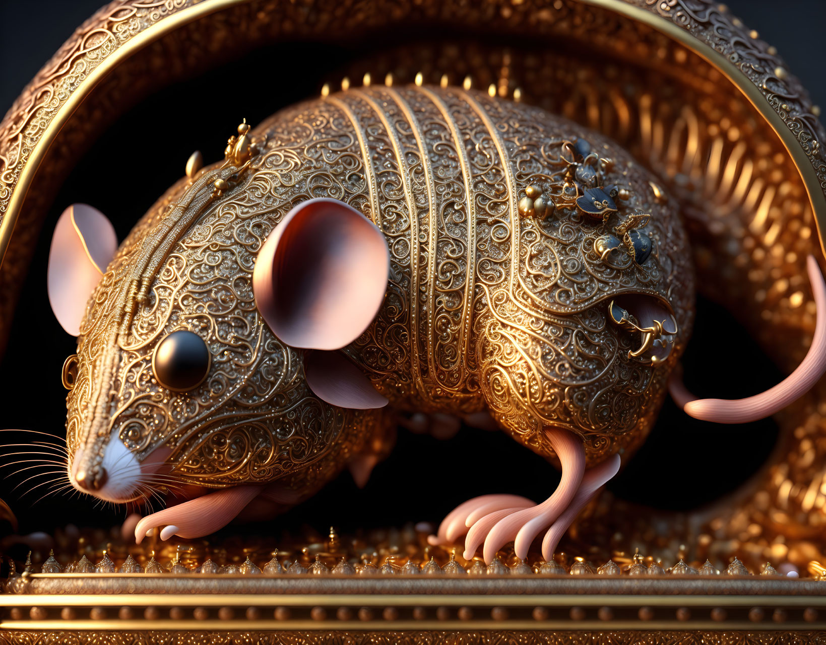 Detailed Golden Mechanical Mouse on Dark Background