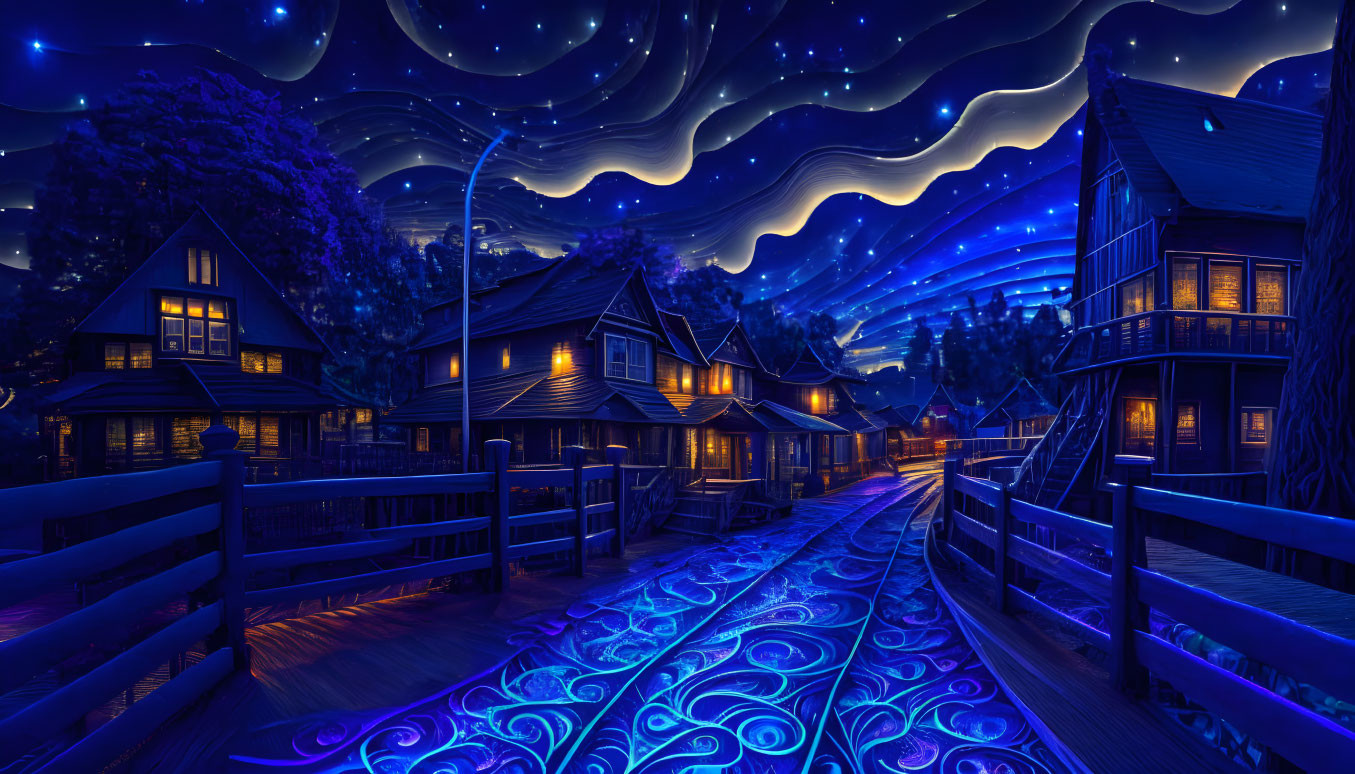 Vibrant nighttime digital art scene of a quaint village with glowing blue pathways and swirling celestial patterns