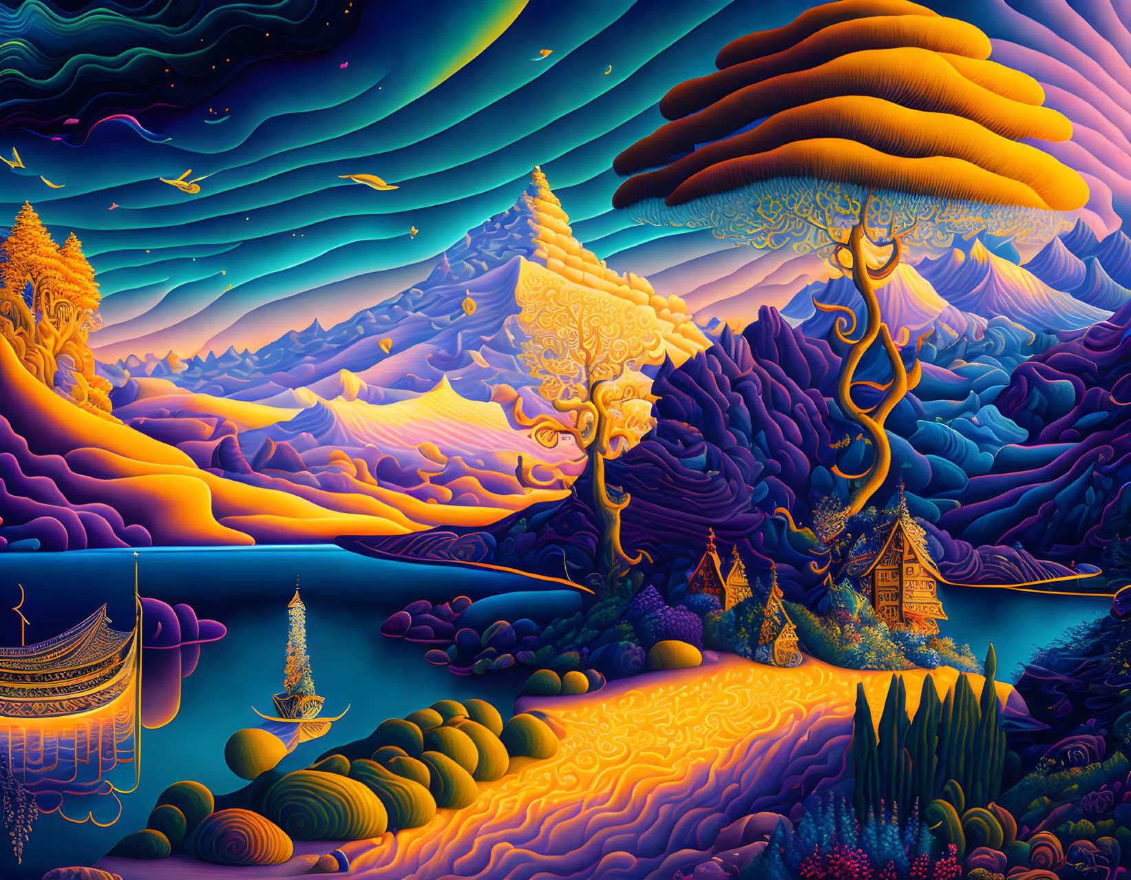 Colorful illustration of otherworldly landscape with stylized trees and buildings under starry sky