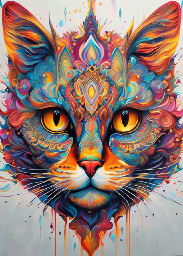 Colorful Cat Face Painting with Symmetrical Patterns and Mandala Designs