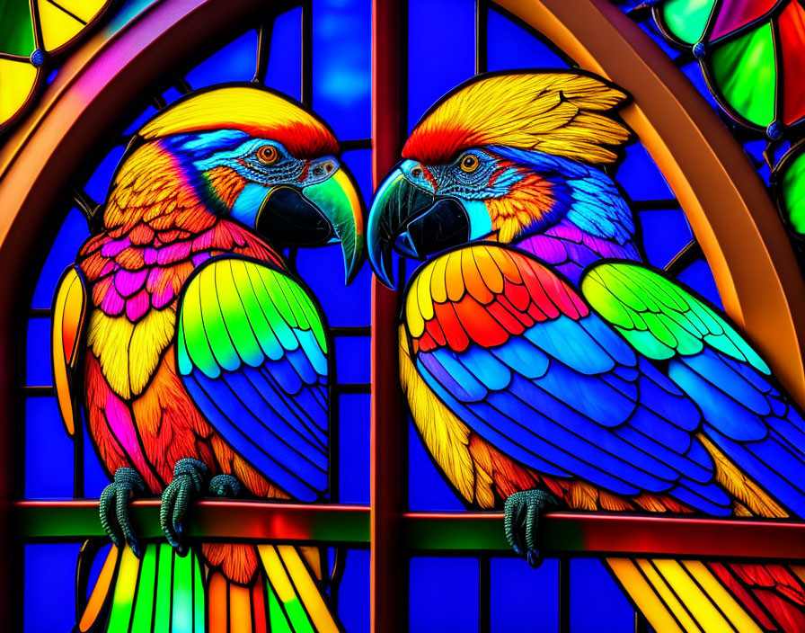 Colorful Stained Glass Artwork: Two Parrots on Blue Background