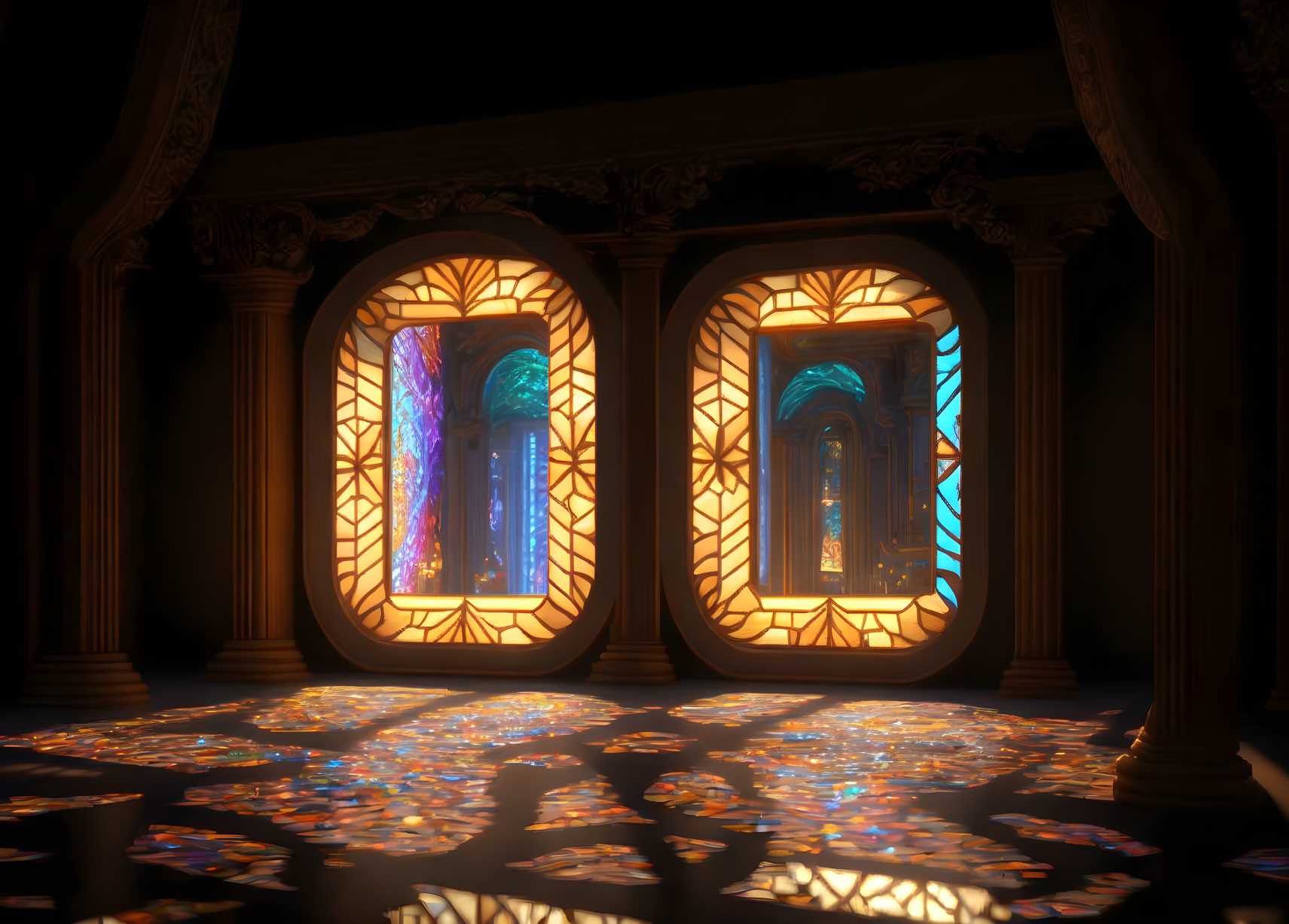 Ornate room with stained glass windows casting colorful light patterns