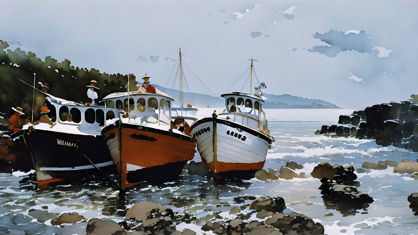 Fishing boats 'William' and 'Classic' docked near rocky shore under clear skies