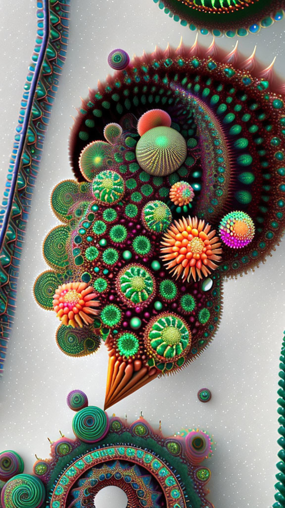 Colorful 3D spiral fractal art on gray background