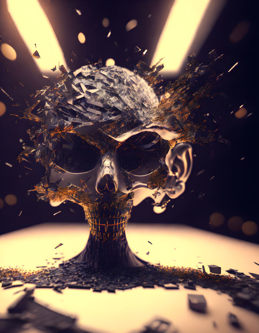 3D illustration of disintegrating skull with floating fragments and bright light beams