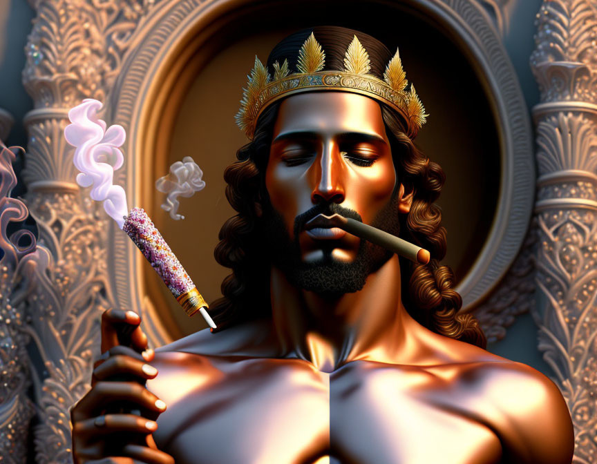 Regal man in crown smoking cigar with ornate scepter, digital art.