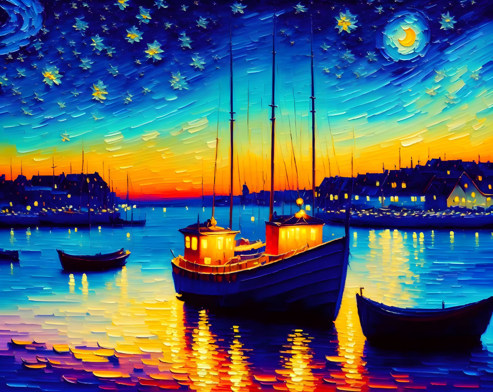 Boats on calm water at sunset with starry sky and crescent moon in vivid oil painting