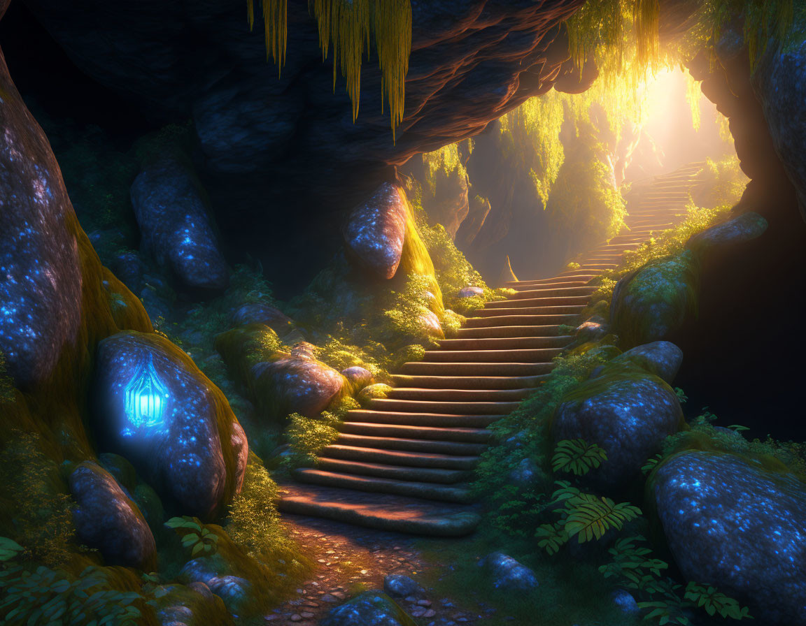 Enchanting forest path with glowing stones and lush vegetation