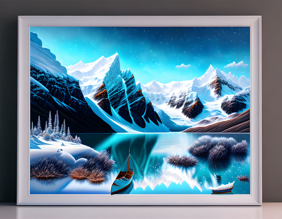 Framed digital artwork of snowy mountain landscape with blue lake