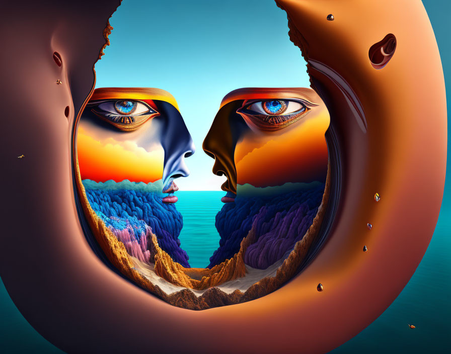 Surreal Artwork: Face with Landscape Eyes on Ocean Background