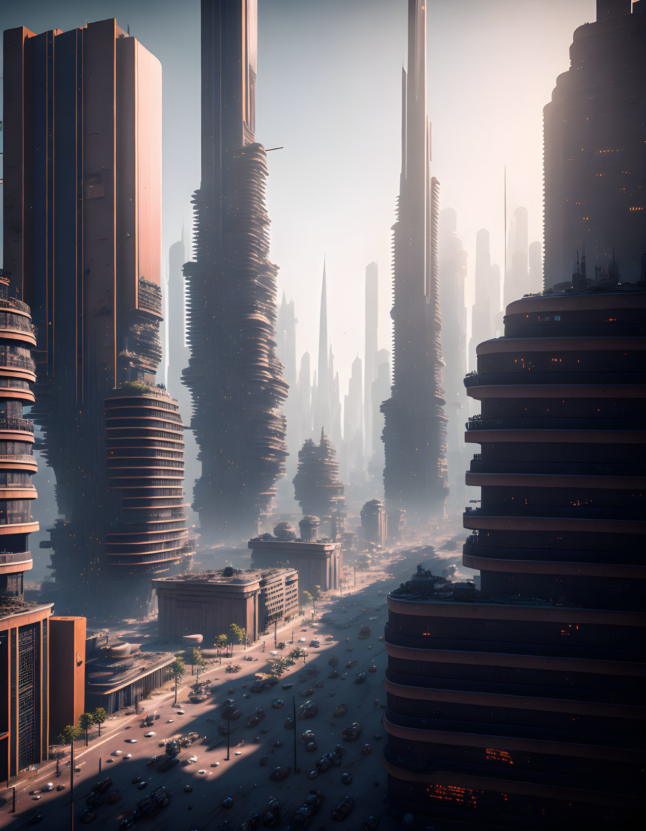 Futuristic cityscape with towering skyscrapers and spiral designs