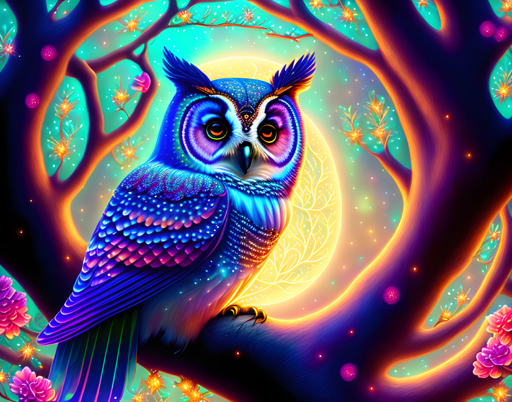 Colorful Owl in Neon Forest Illustration