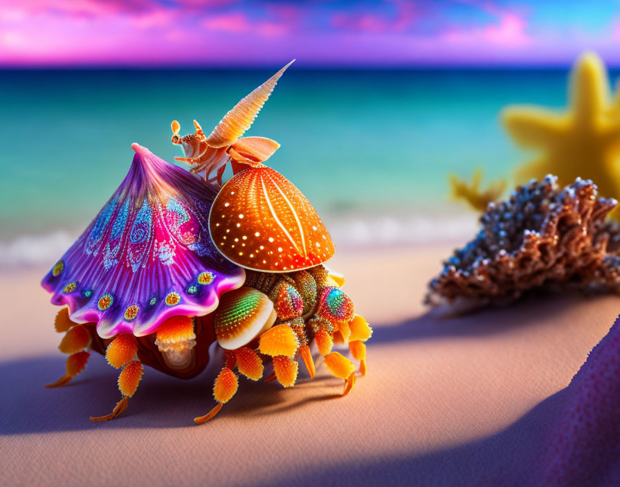 Vibrant hermit crab with patterned shell on sandy beach with starfish, coral, and