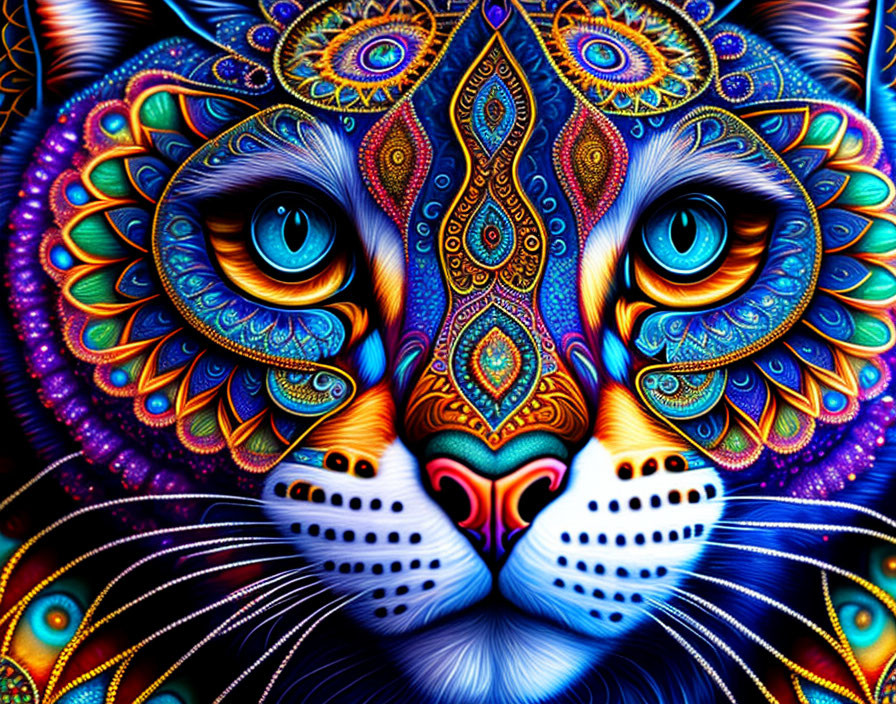 Colorful Psychedelic Cat Face Illustration with Detailed Patterns and Blue Eyes