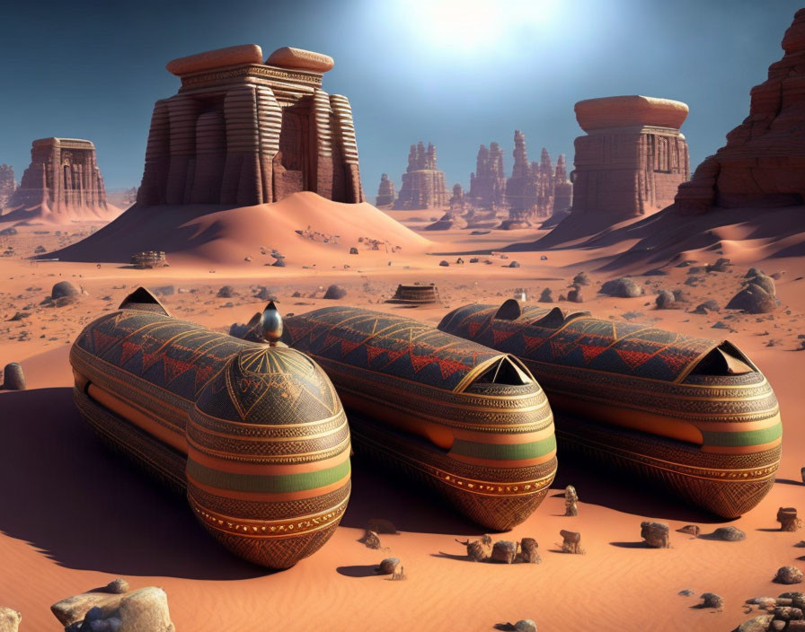 Futuristic desert landscape with capsule-like structures and imposing rock formations