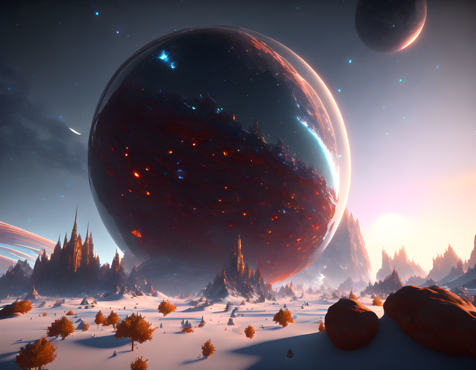 Snowy Sunset Landscape with Giant Otherworldly Planet & Celestial Bodies