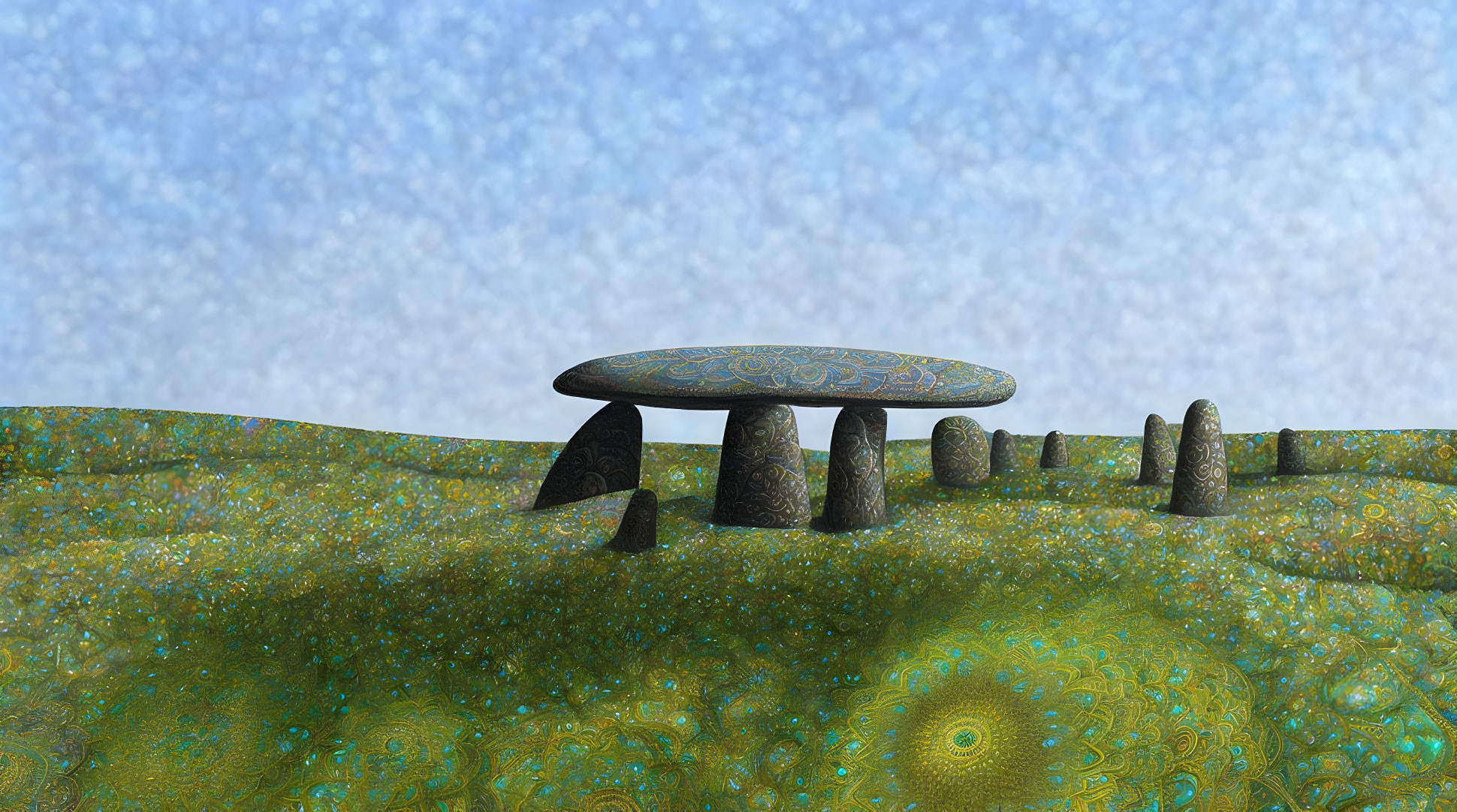 Stonehenge-like 3D-rendered structure on green surface under blue sky