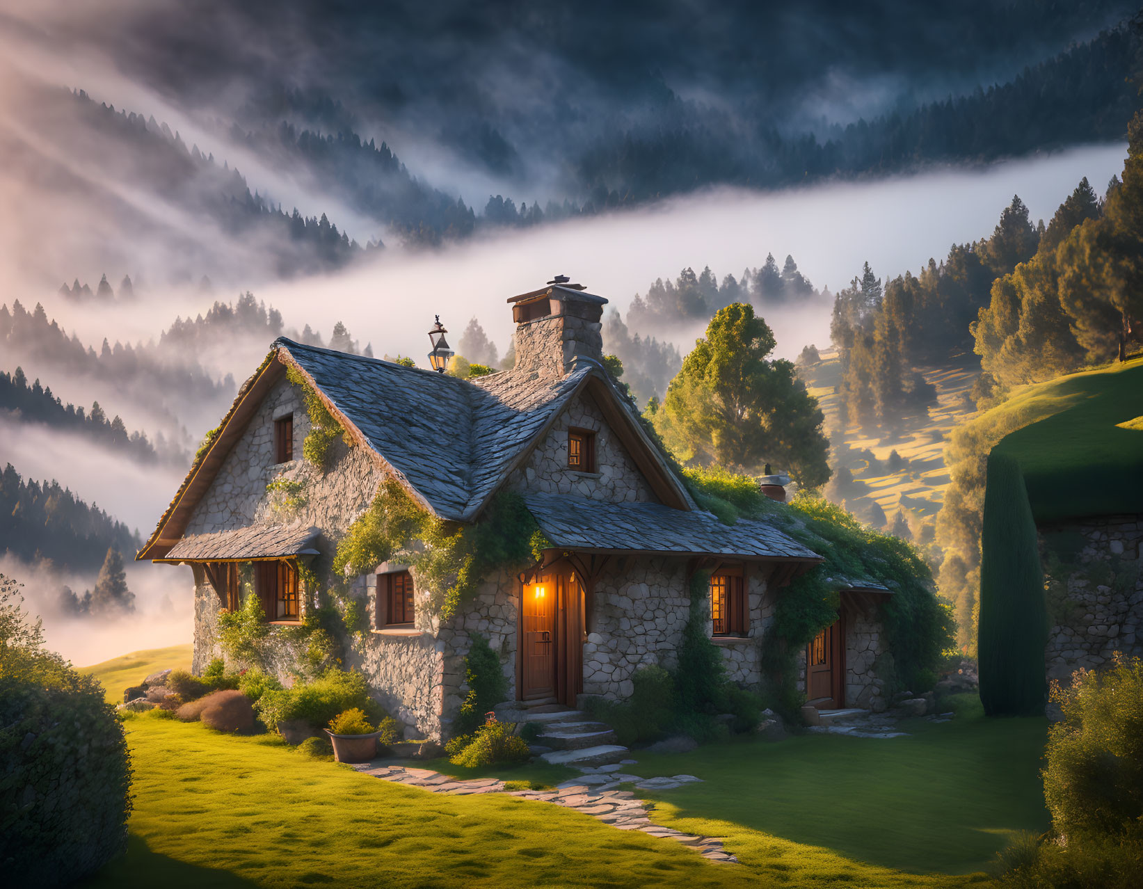 Tranquil twilight landscape of a stone cottage in lush greenery