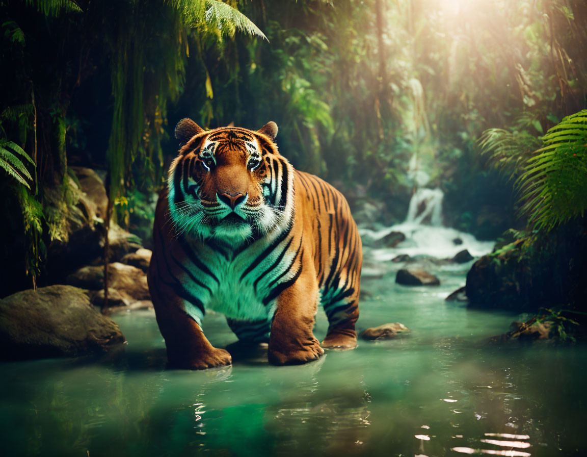 Majestic tiger in lush jungle with waterfall and sunlight