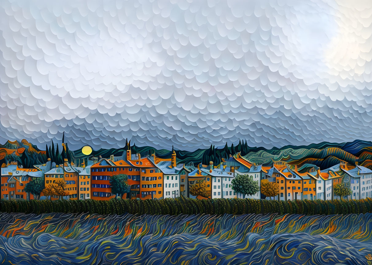 Colorful town painting with undulating patterns and wavy clouds.