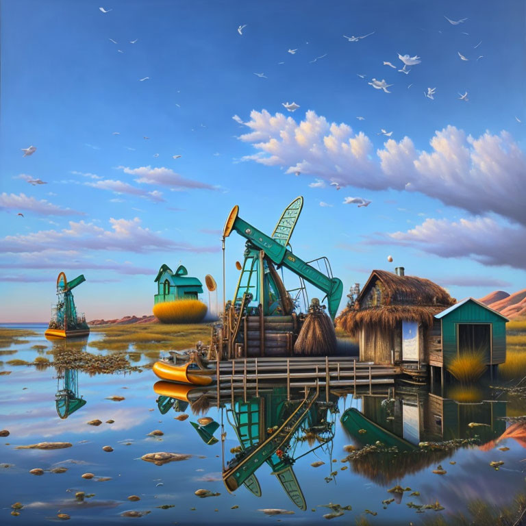 Oil pumps, thatched huts, birds, and boat on serene landscape.