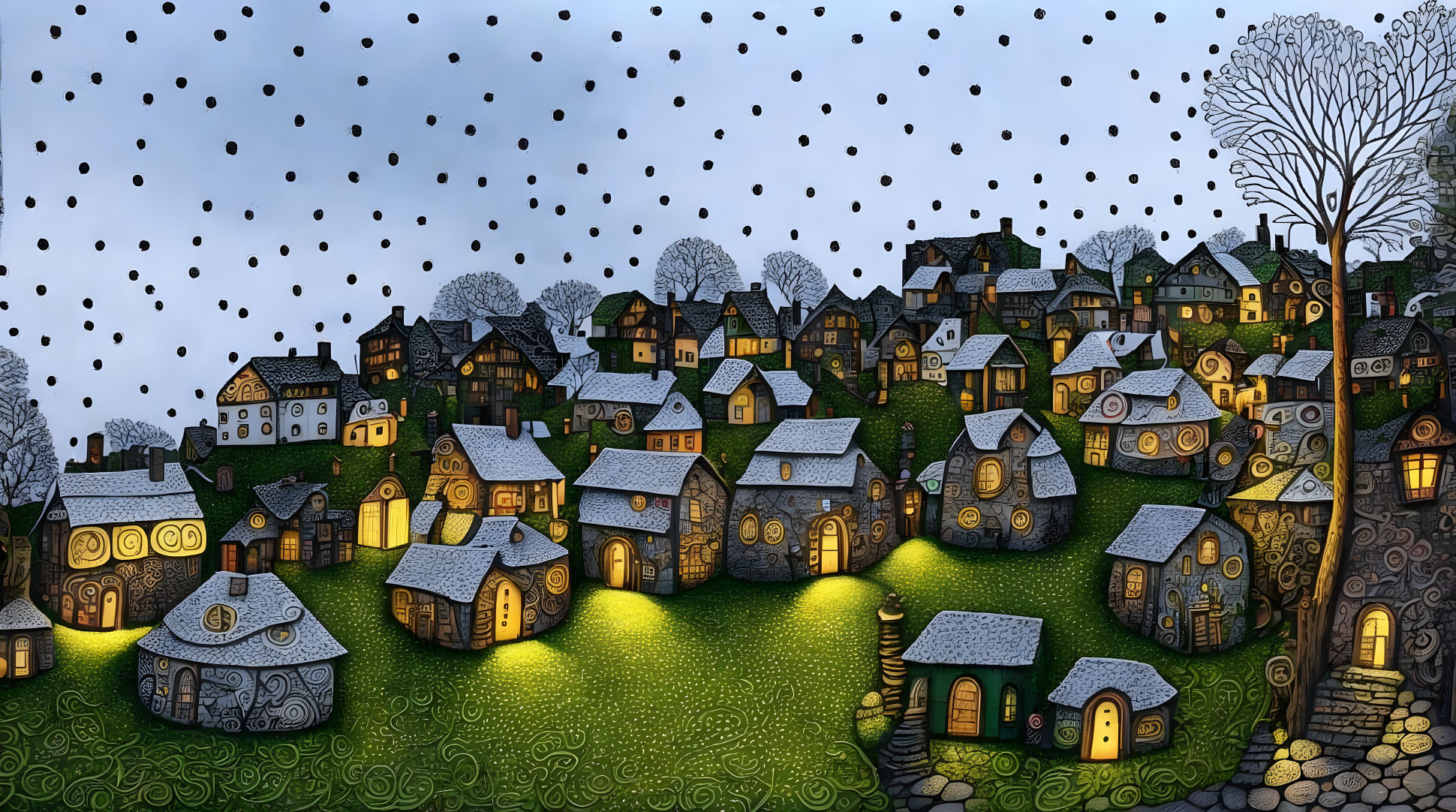 Whimsical nighttime village with glowing windows under starry sky