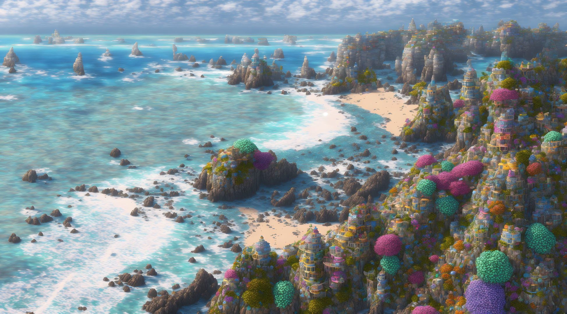 Colorful Coral-Like Structures Along Pristine Coastline