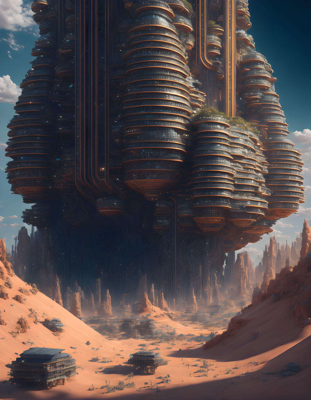 Gigantic futuristic city floating over desert landscape